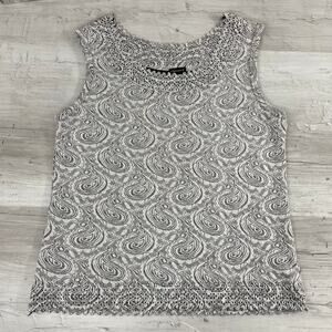 Chances R Sleeveless Stretchy Silver Gray White Paisley Cut Out Blouse Large